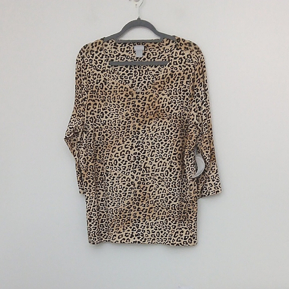 Chico's Blouse Women's Size XL (Chico Size 3) Tan & Black Animal Print VNeck NEW